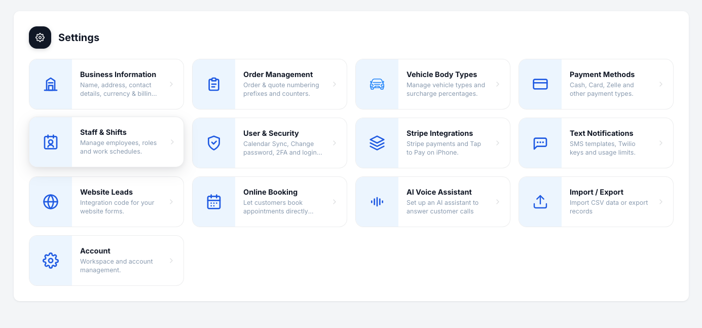 Settings page showing all configuration areas: Business Information, Order Management, Vehicle Body Types, Payment Methods, Staff & Shifts, User & Security, Stripe Integrations, Text Notifications, Website Leads, Online Booking, AI Voice Assistant, Import/Export, and Account.