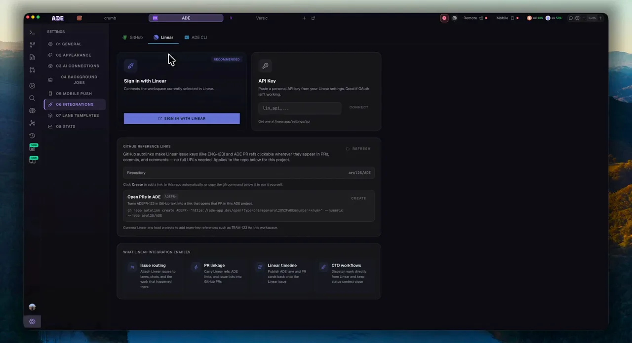 Connecting a Linear workspace to ADE