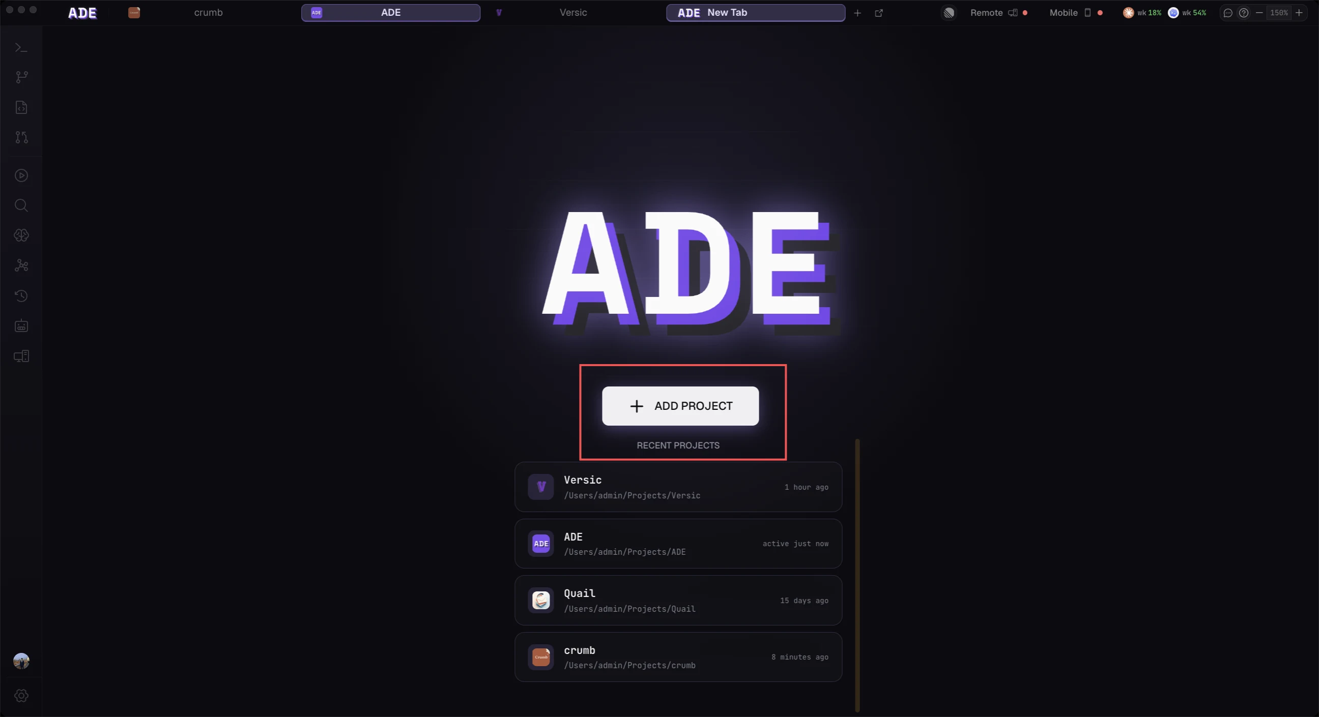 Add your first repository from the ADE welcome screen