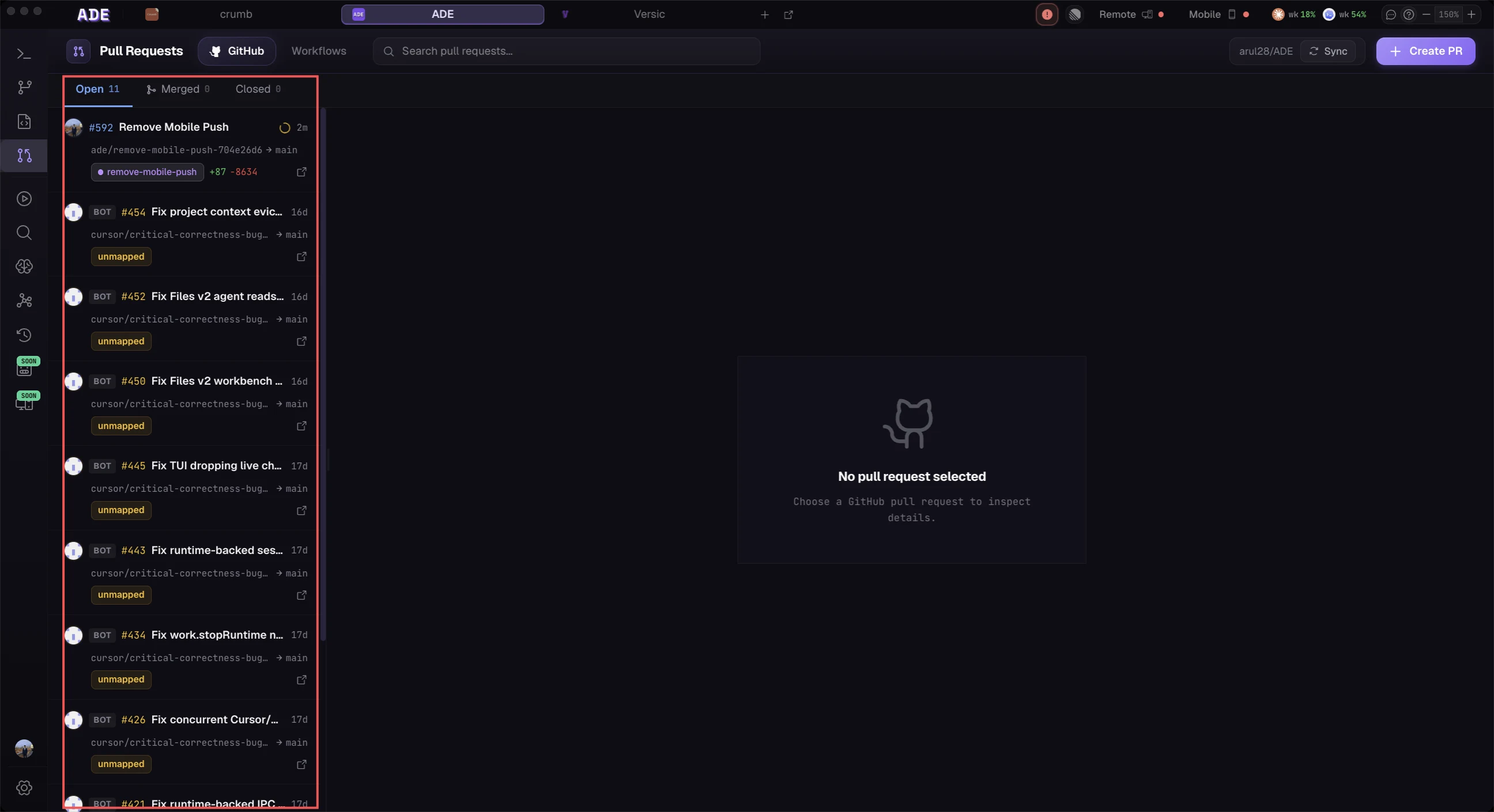 The PRs tab sidebar