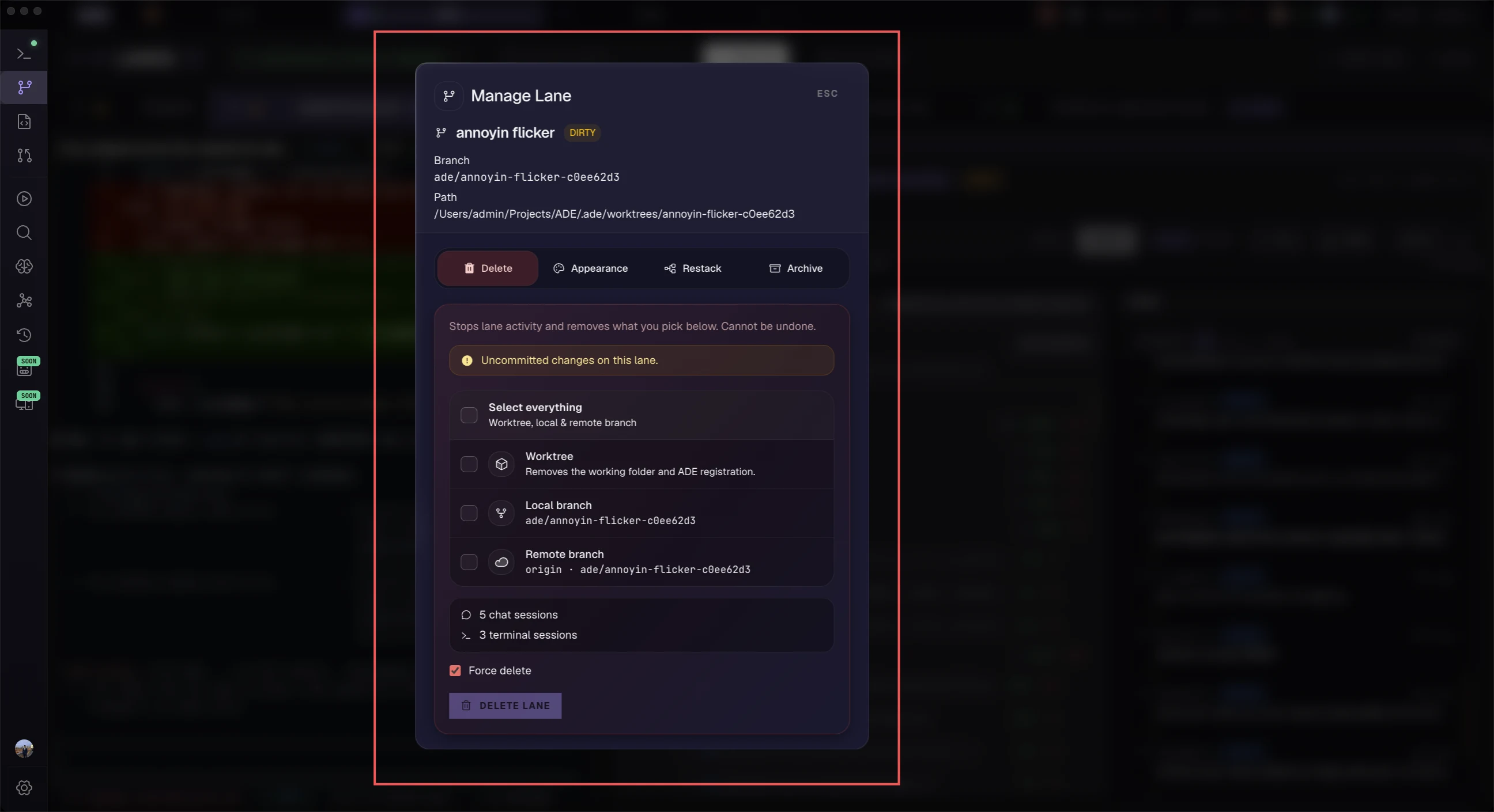 The rename, archive, and delete options for a lane