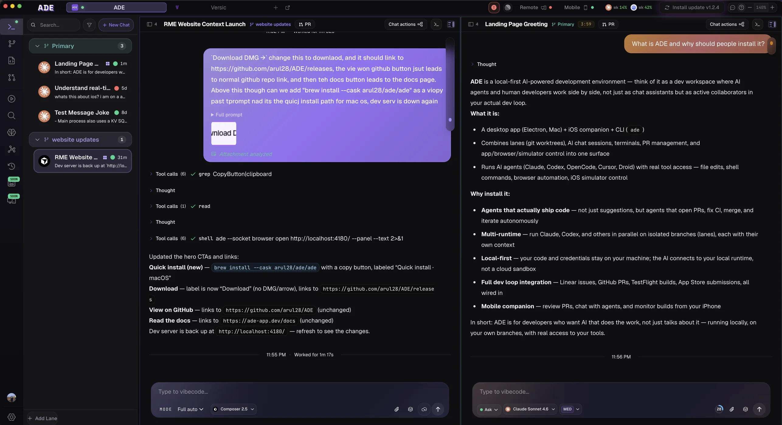 ADE desktop — lanes, agent chat, and tools in one window