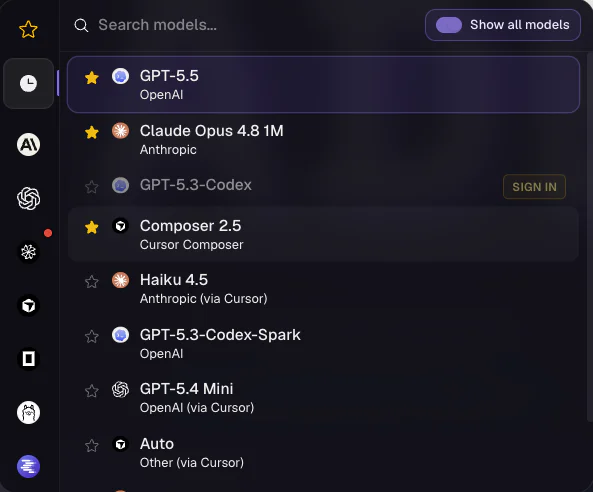 Provider and model picker for an agent chat