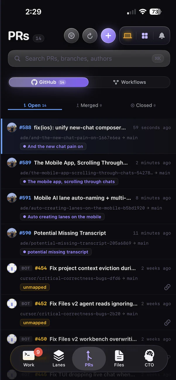Pull request review on the ADE iOS app