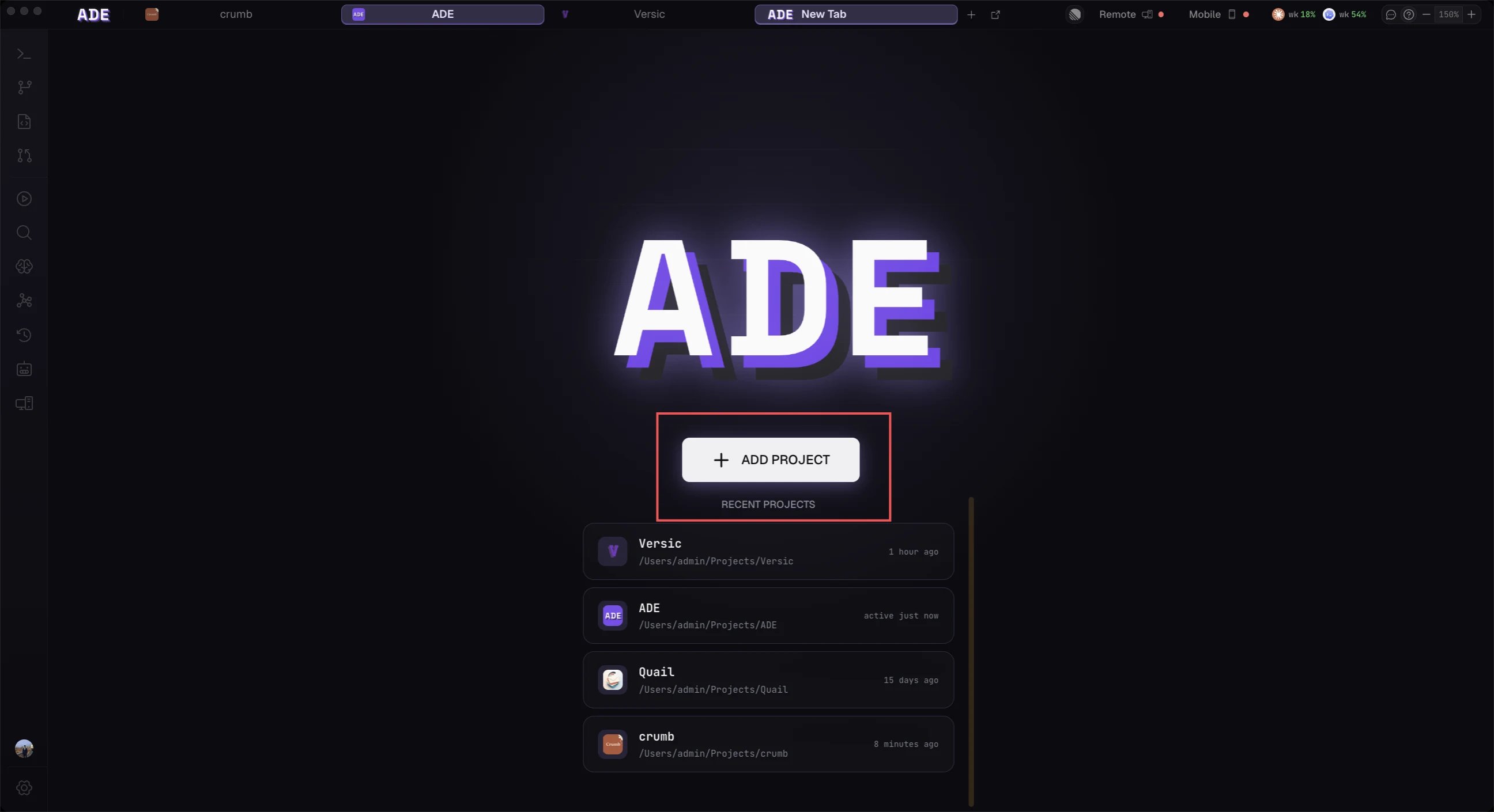 Add your first repository from the ADE welcome screen