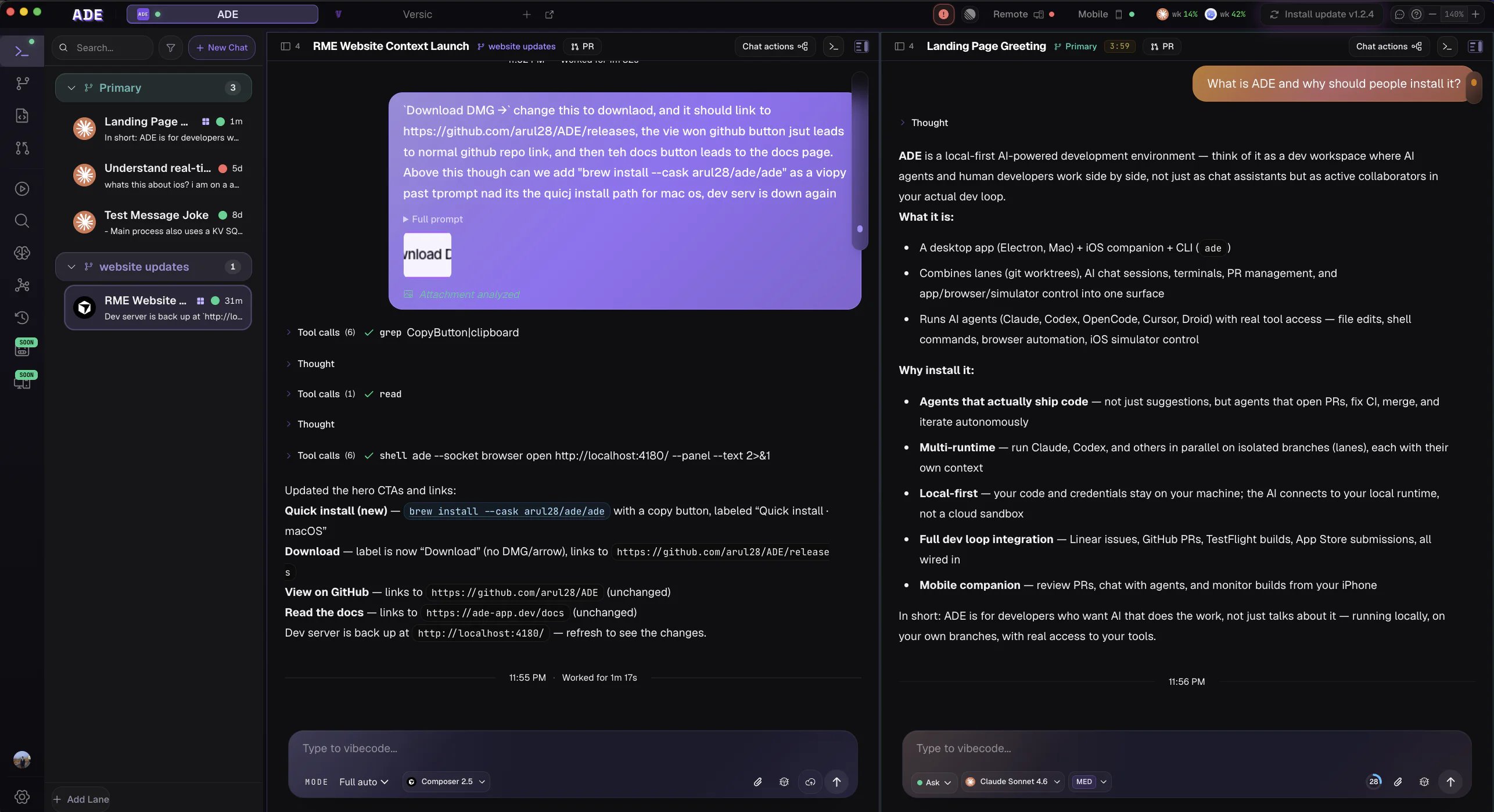 ADE desktop — lanes, agent chat, and tools in one window