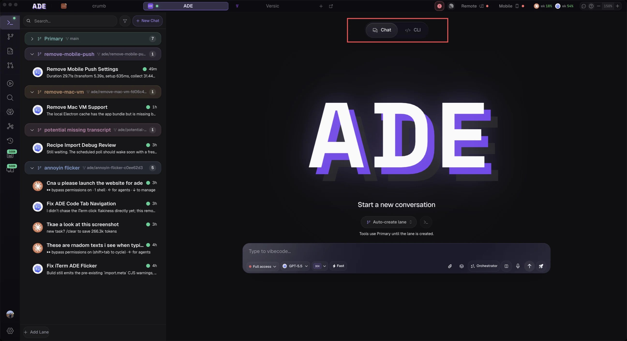 Choose between an agent chat and a CLI session in a lane