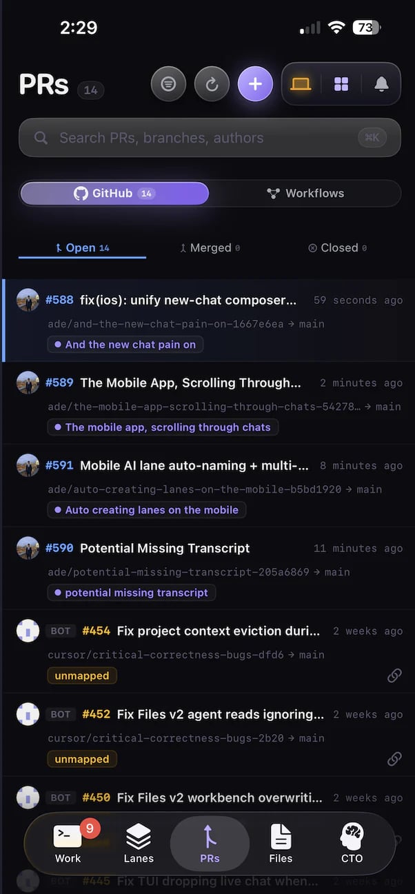 Pull request review on the ADE iOS app