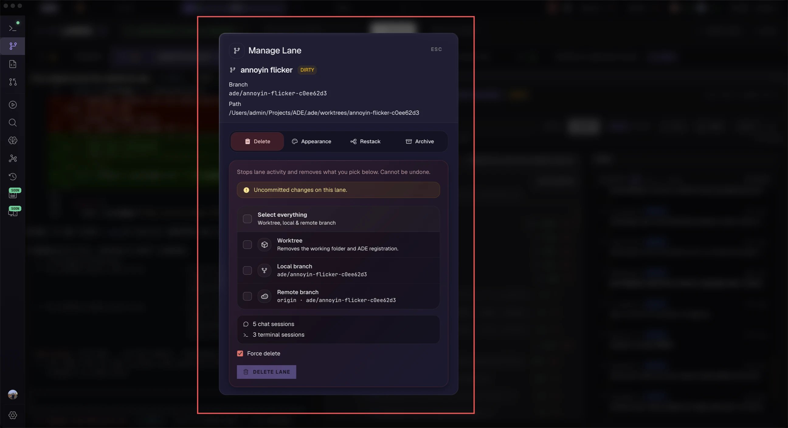 The rename, archive, and delete options for a lane