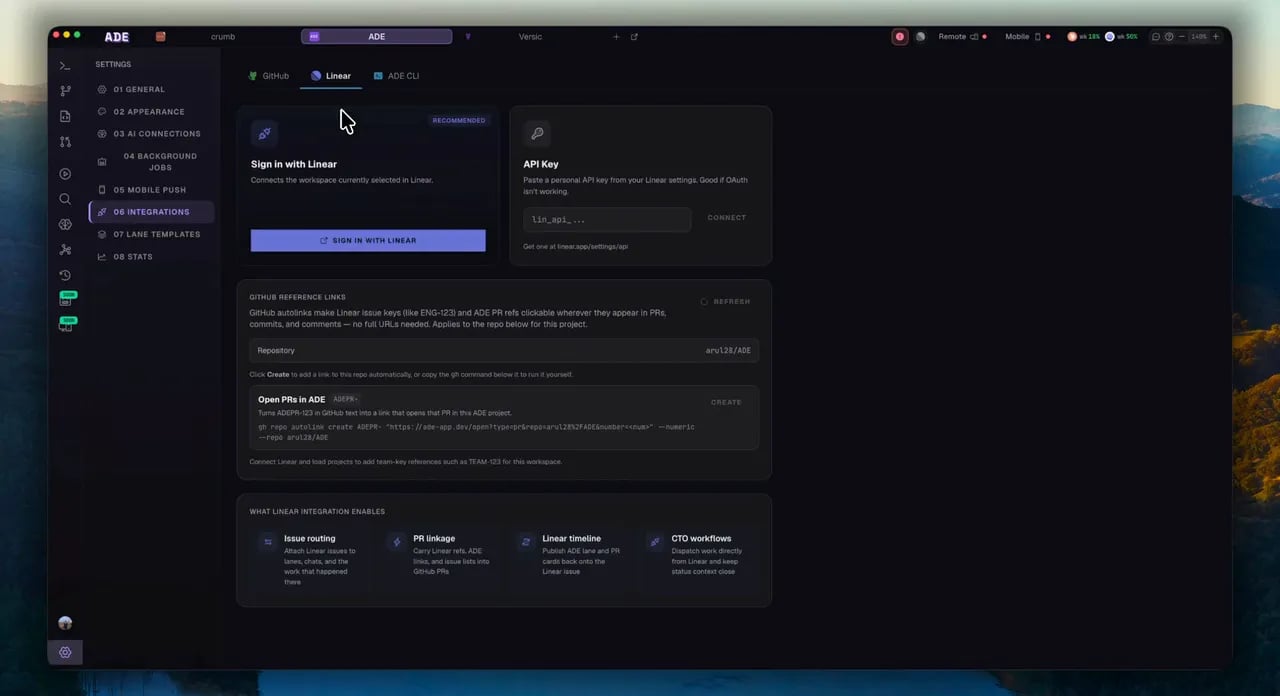 Connecting a Linear workspace to ADE