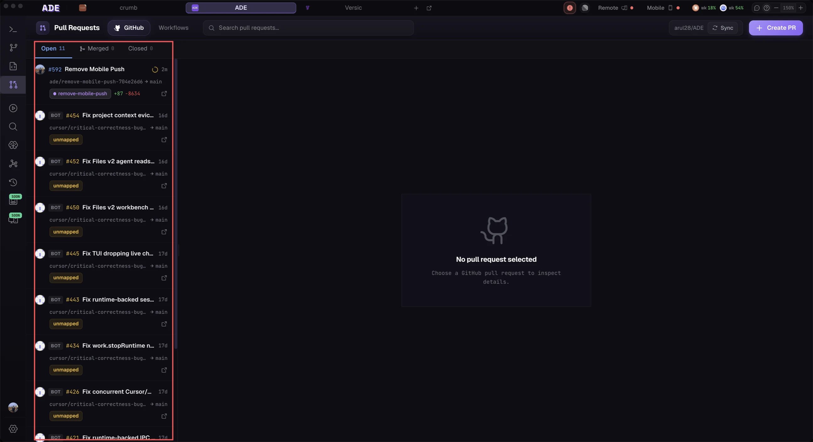 The PRs tab sidebar