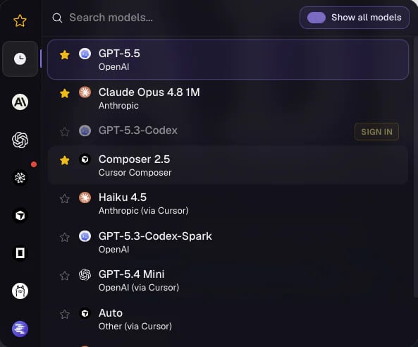 Provider and model picker for an agent chat