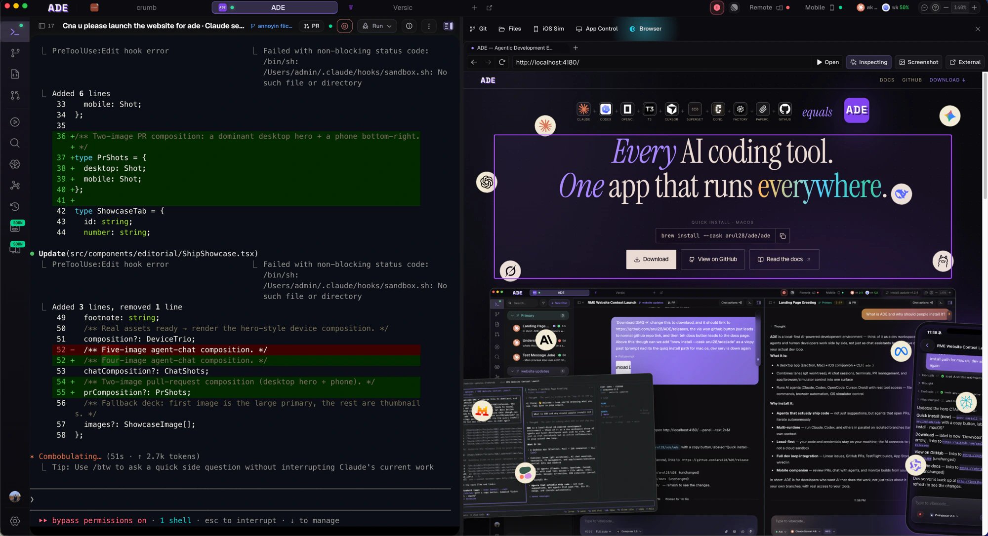 The ADE browser pane next to an agent chat in the Work tab
