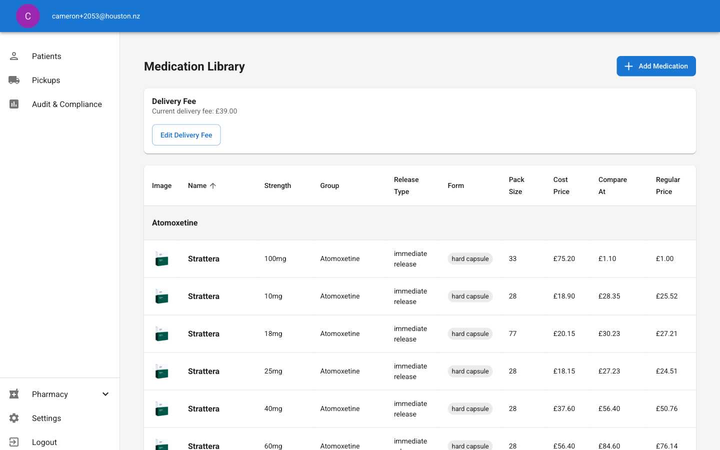 Medication Library showing the newly created medication in the list with success message