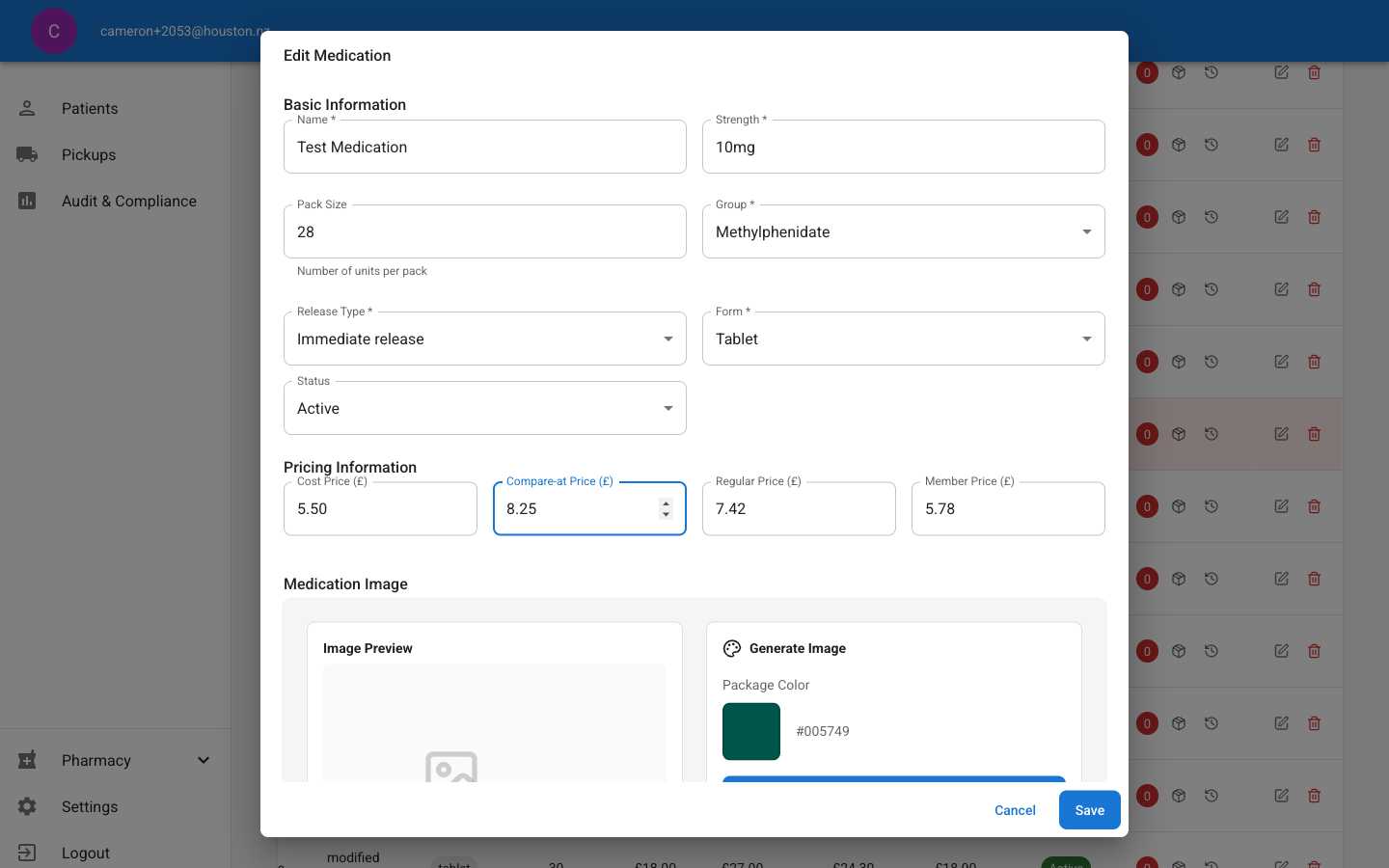 Edit Medication dialog with pricing fields completed showing automatic calculations