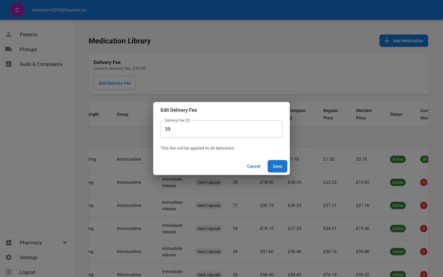 Edit Delivery Fee dialog showing current delivery fee amount