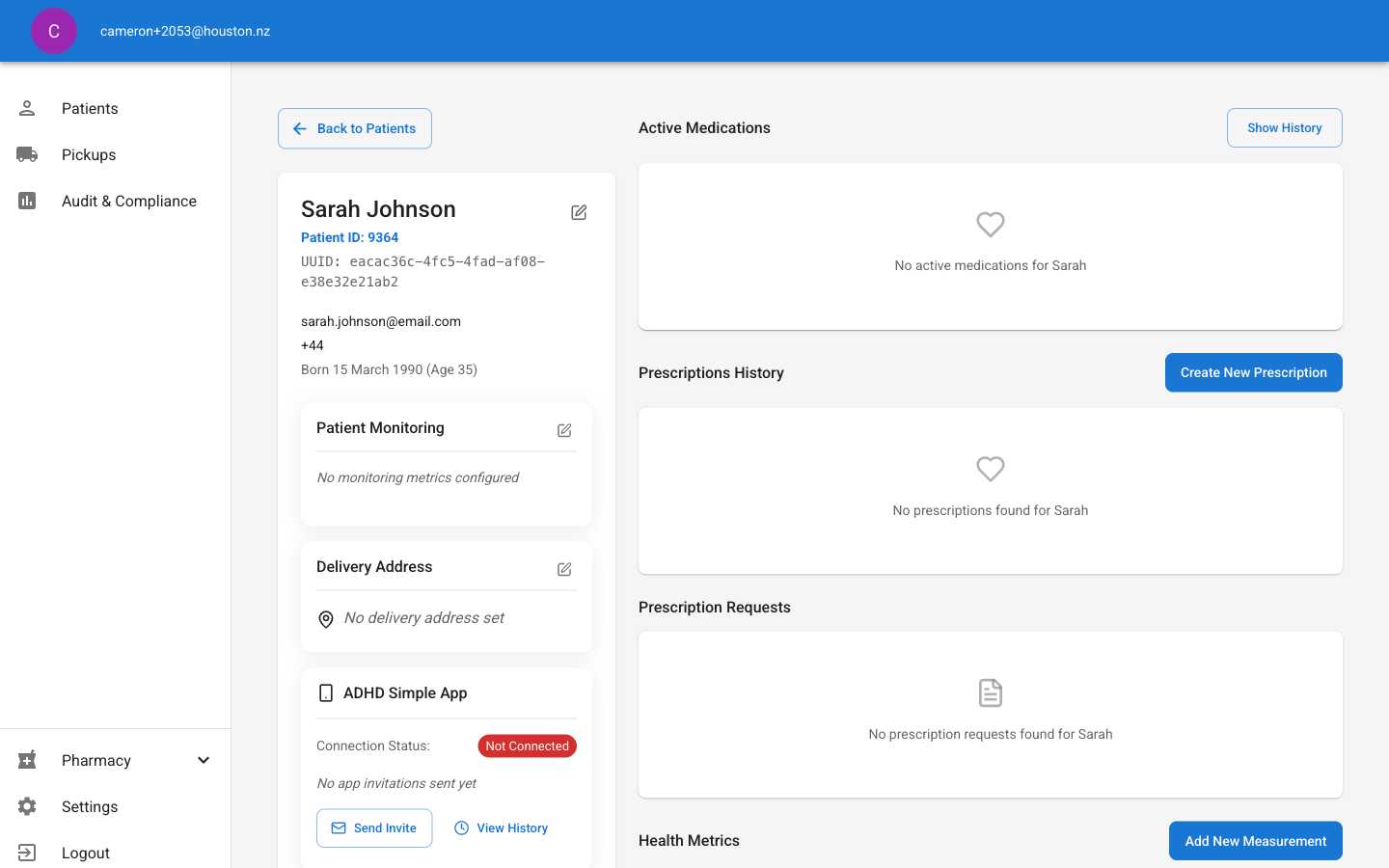 Patient detail page showing Sarah Johnson's information and Create New Prescription button