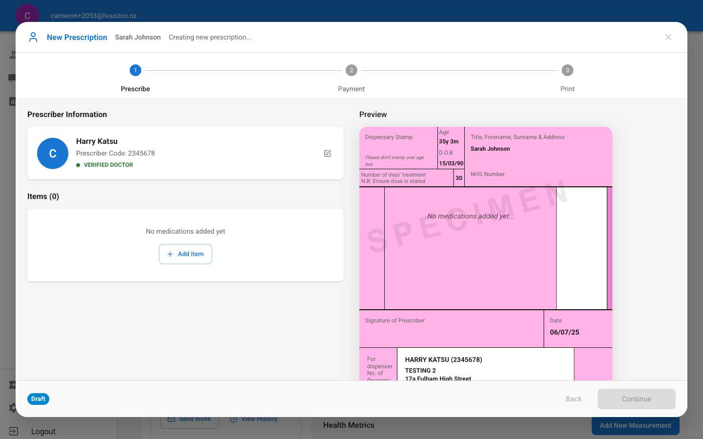 Empty prescription dialog showing the 3-step process: Prescribe, Payment, Print