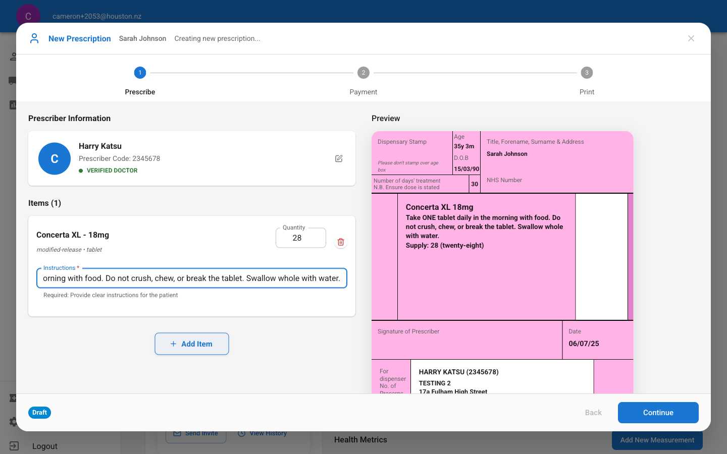 Completed prescription form with Concerta XL selected, quantity 28, and detailed instructions
