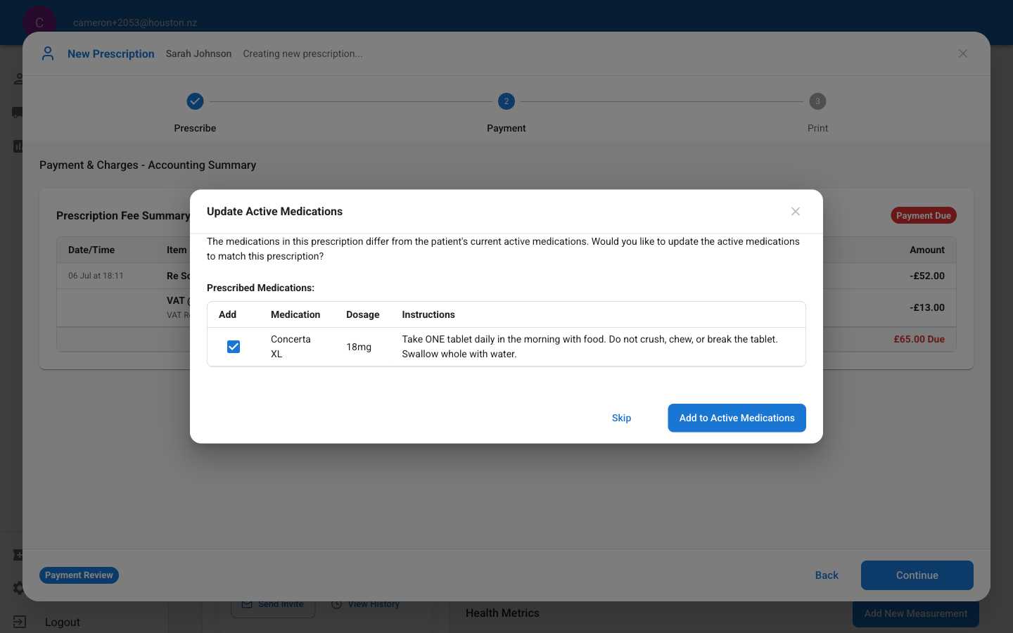 Payment step with active medication update dialog showing option to add prescribed medication to patient's active list