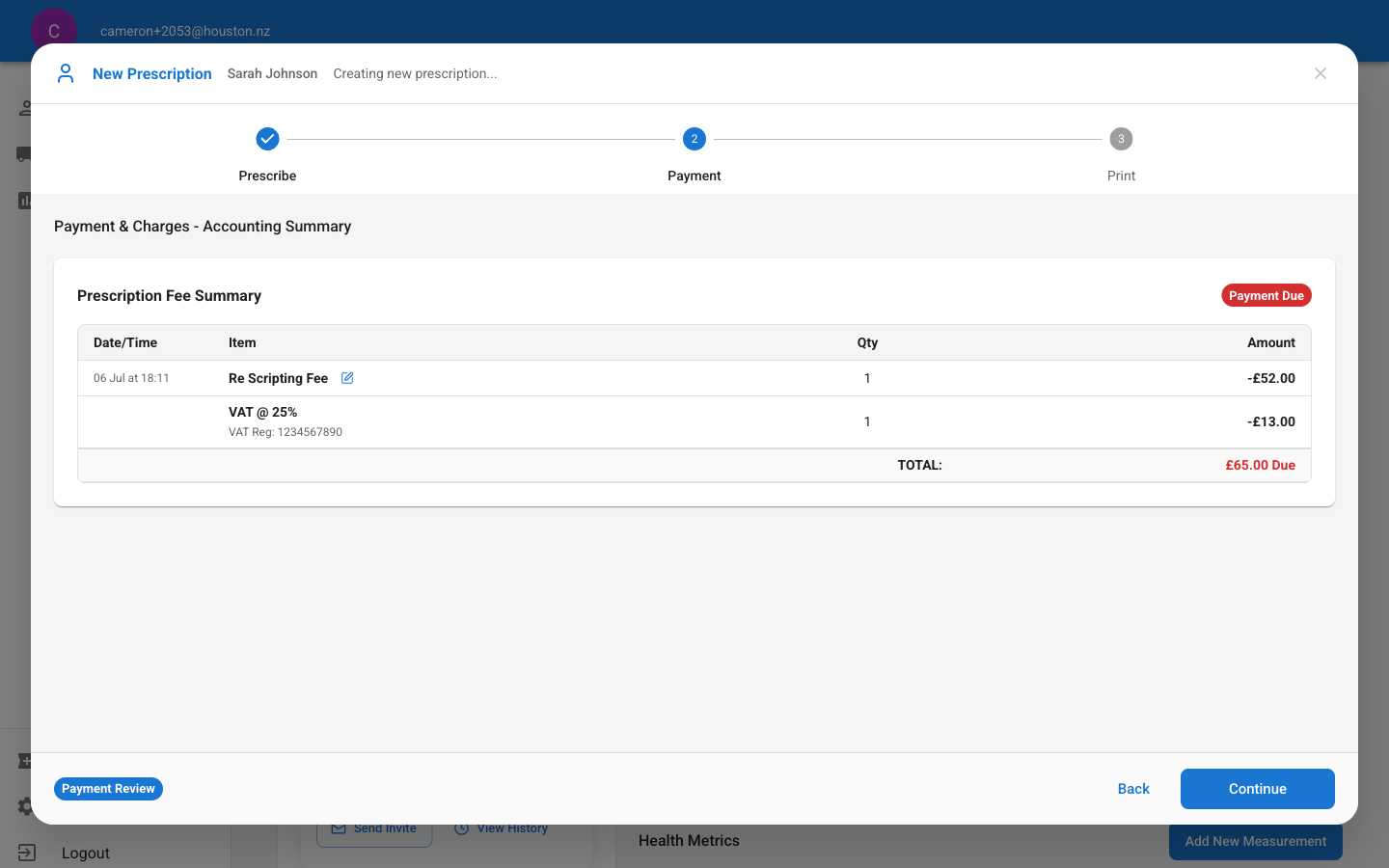 Payment step showing fee breakdown with total of £65.00 due