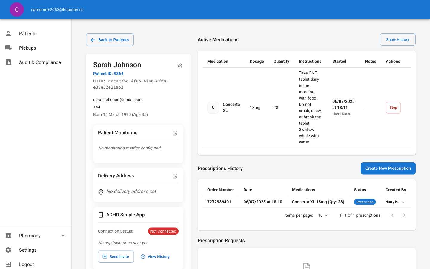 Patient page showing updated active medications and prescription history after successful completion