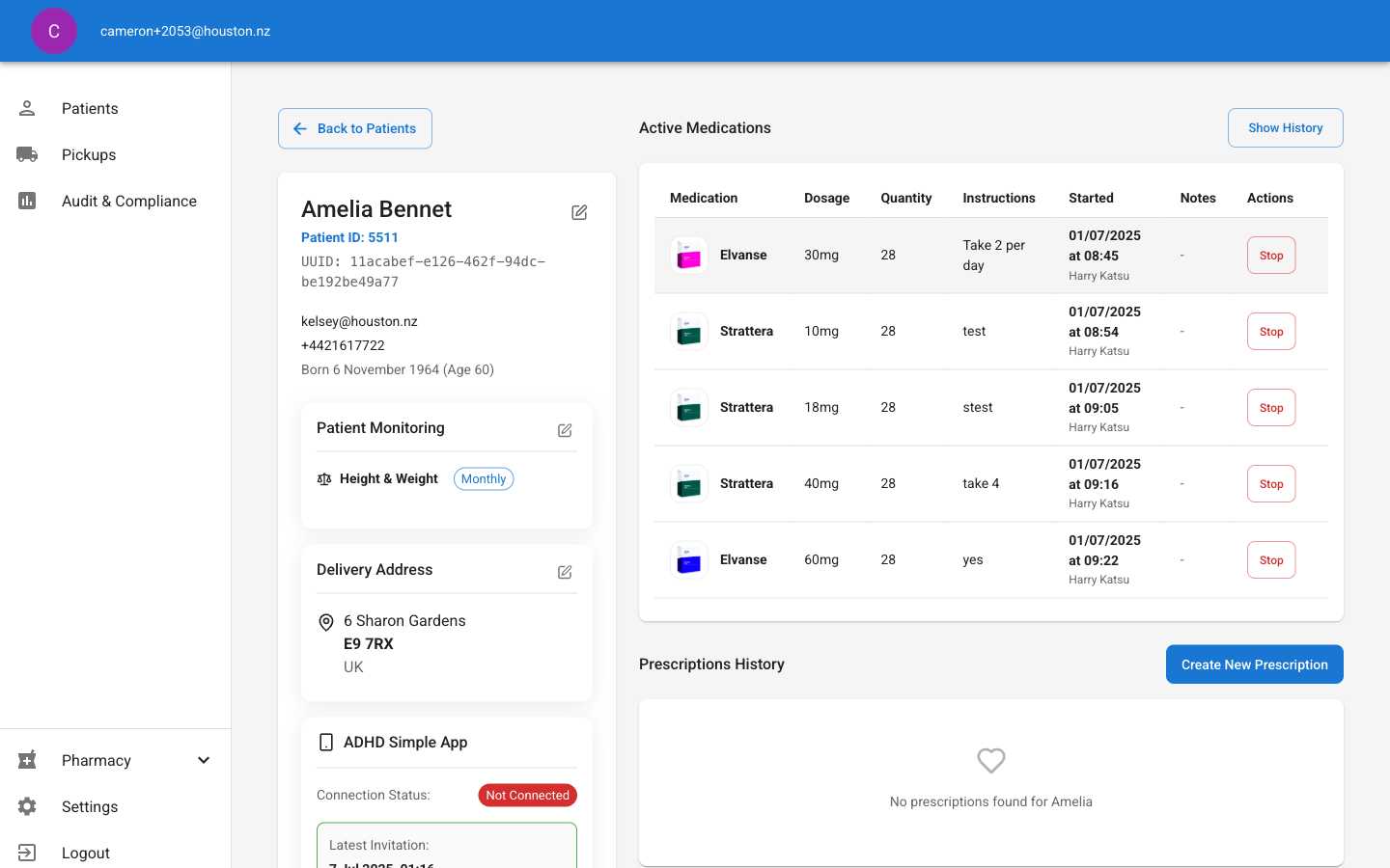 Patient detail page showing active medications section