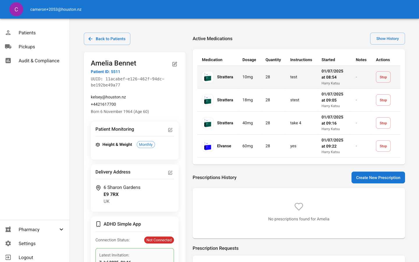 Patient detail page showing Create New Prescription button in Prescriptions History section