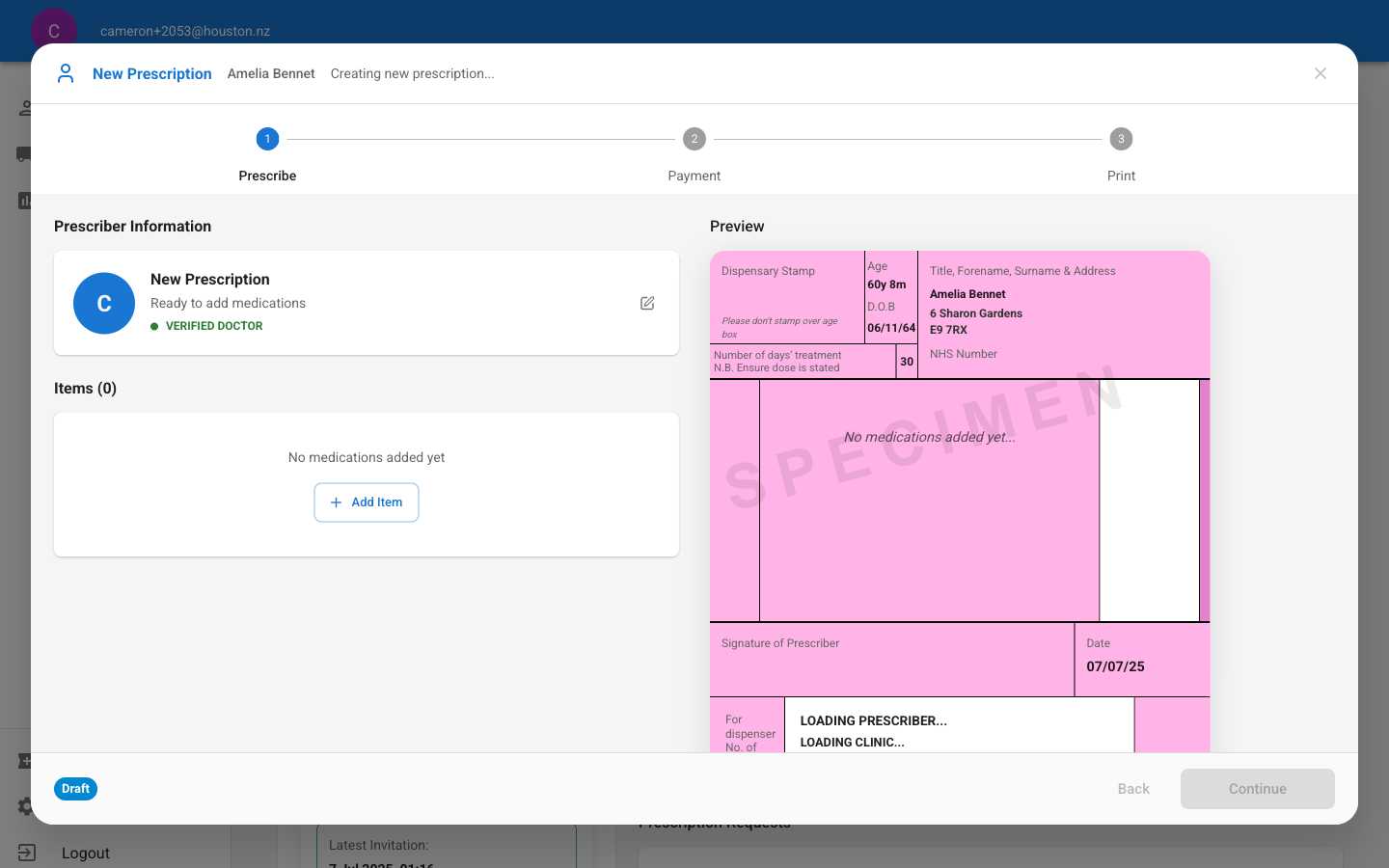 New prescription dialog showing three-step workflow: Prescribe, Payment, Print