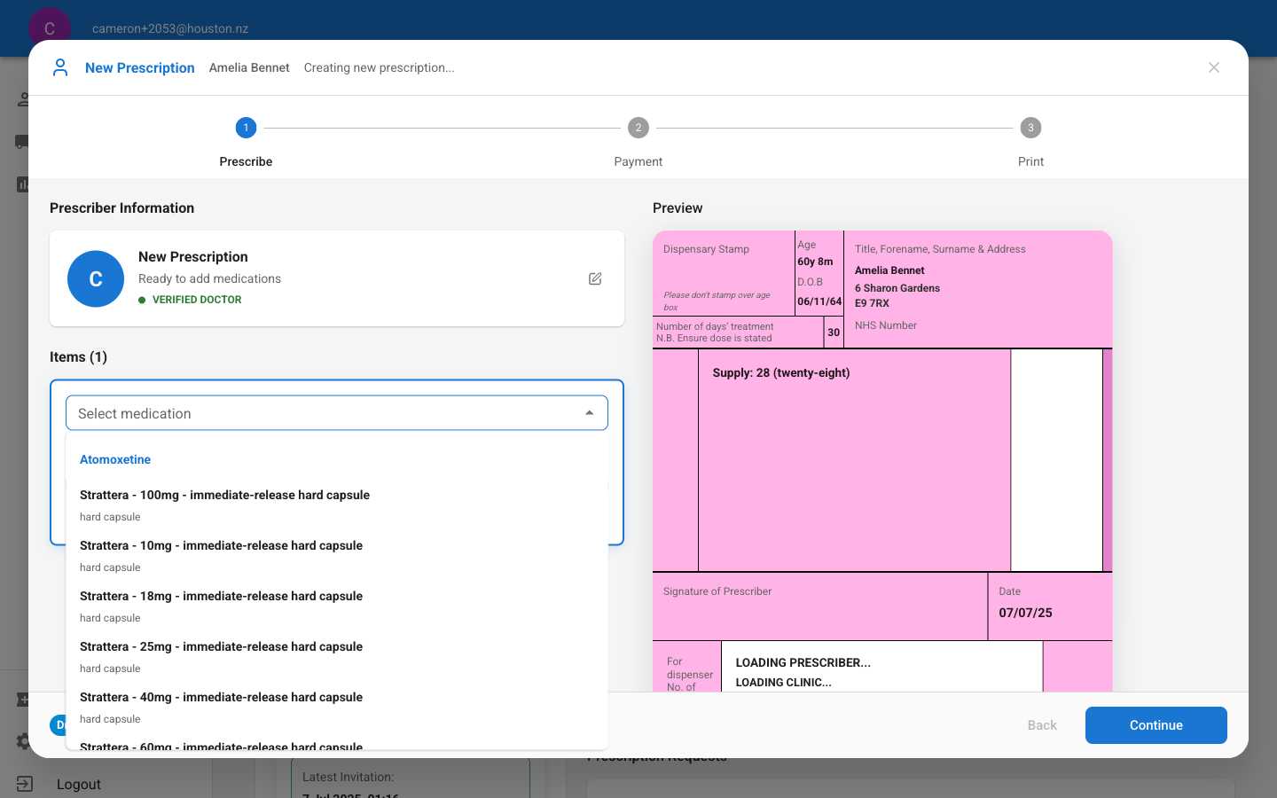 Medication selection dropdown showing organized categories and available dosages