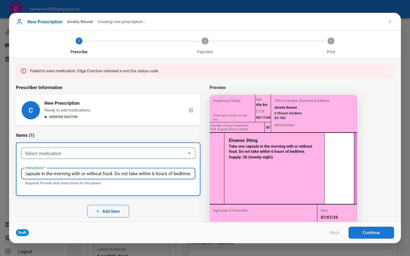 Completed prescription form with medication, instructions, and preview showing Elvanse 30mg