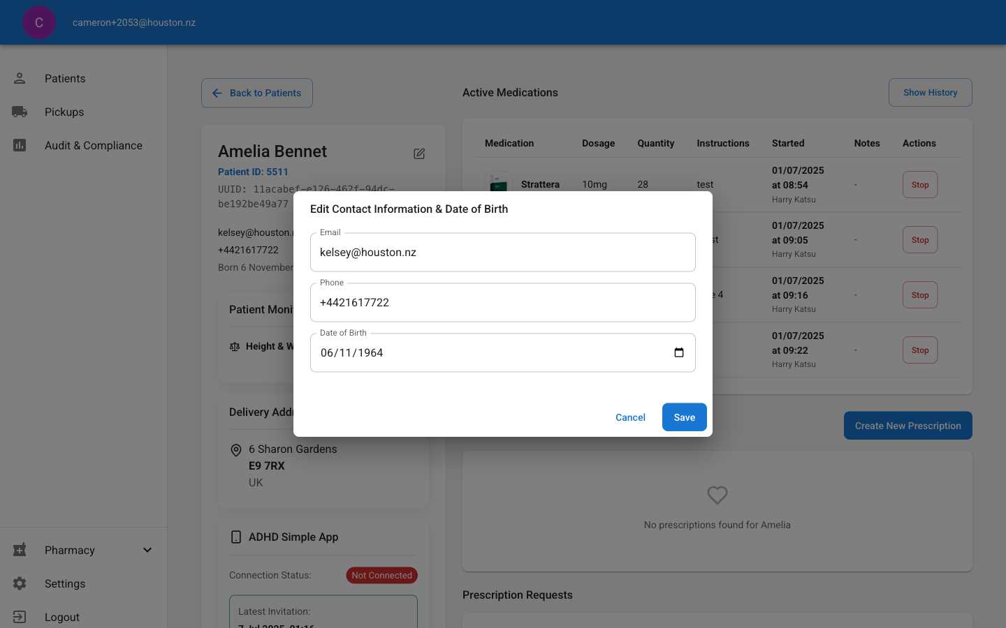 Edit patient dialog showing Email, Phone, and Date of Birth fields