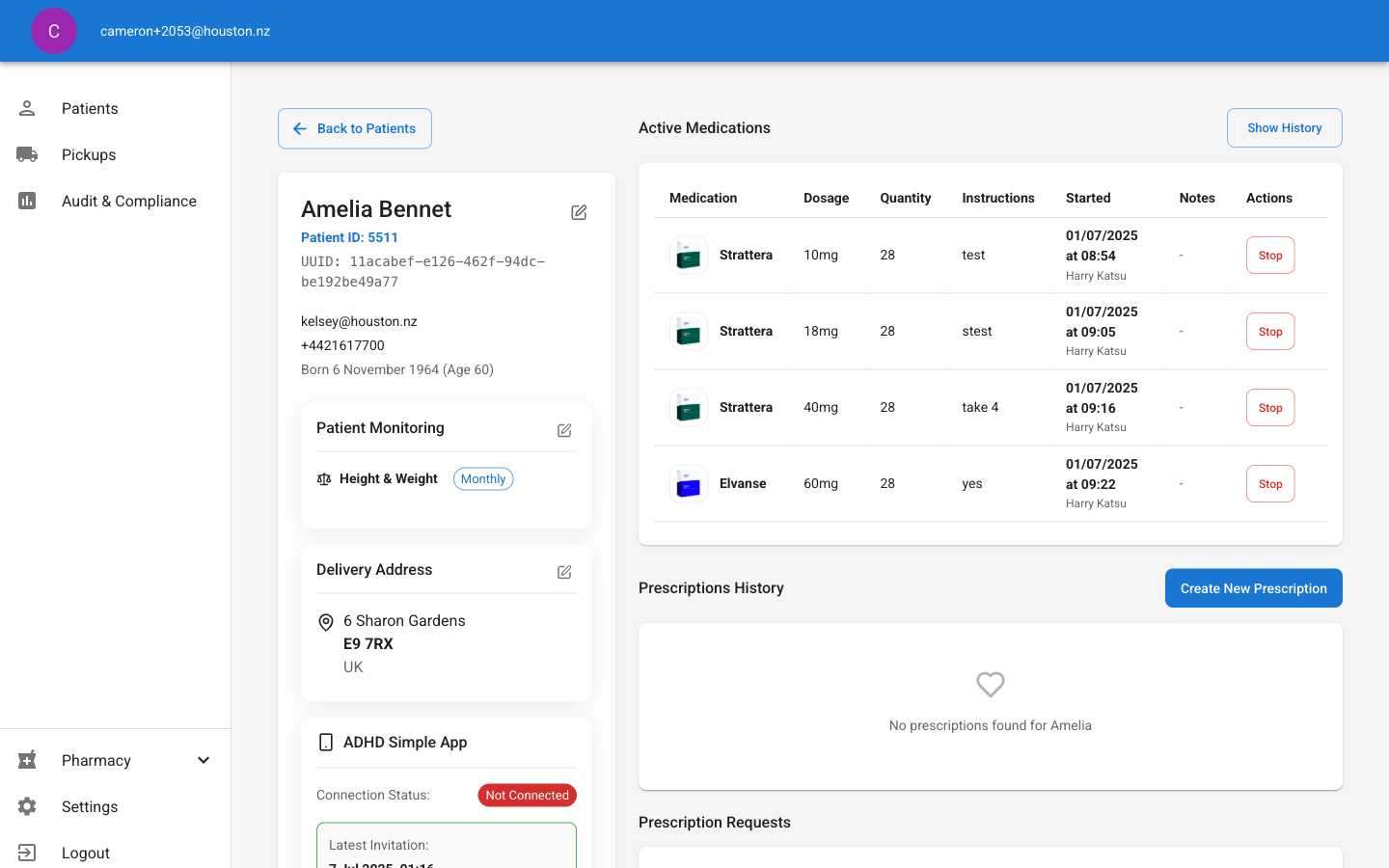 Patient detail page showing successfully updated contact information