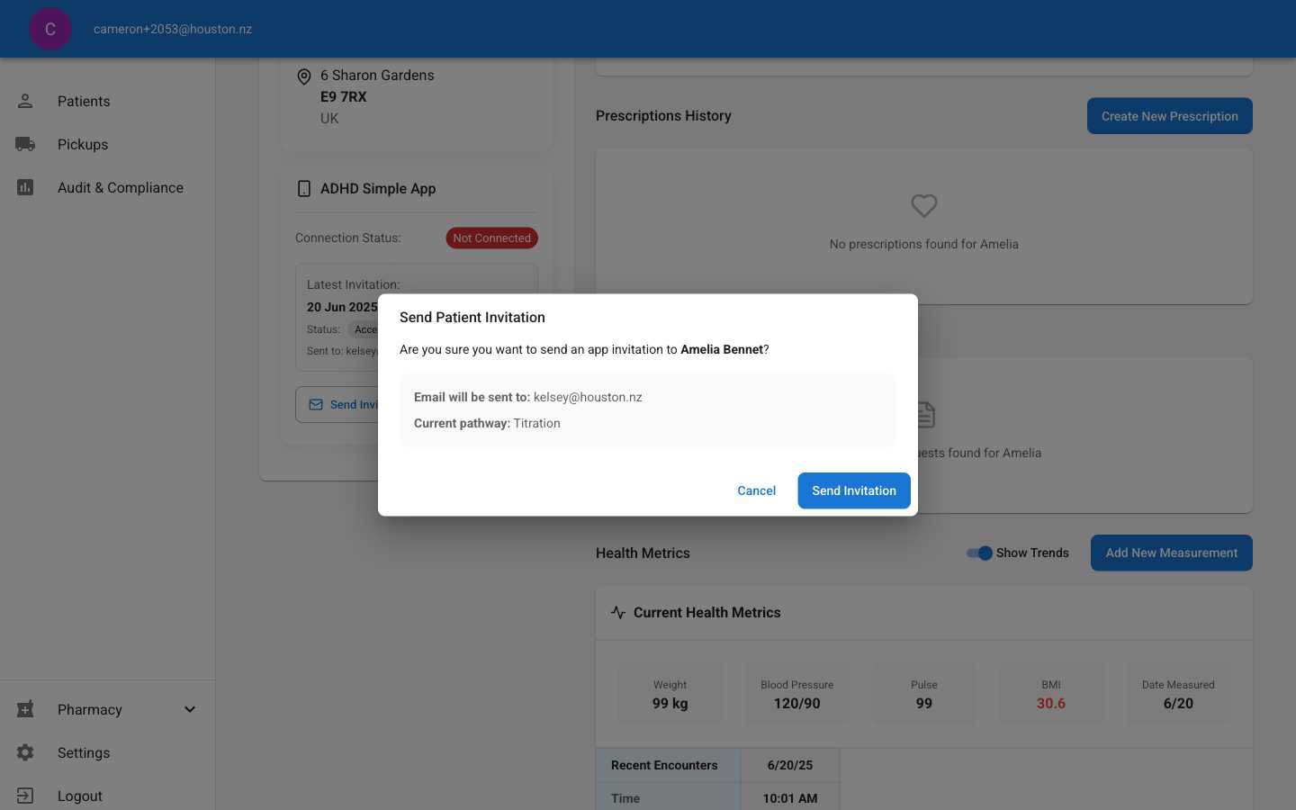 Send patient invitation confirmation dialog