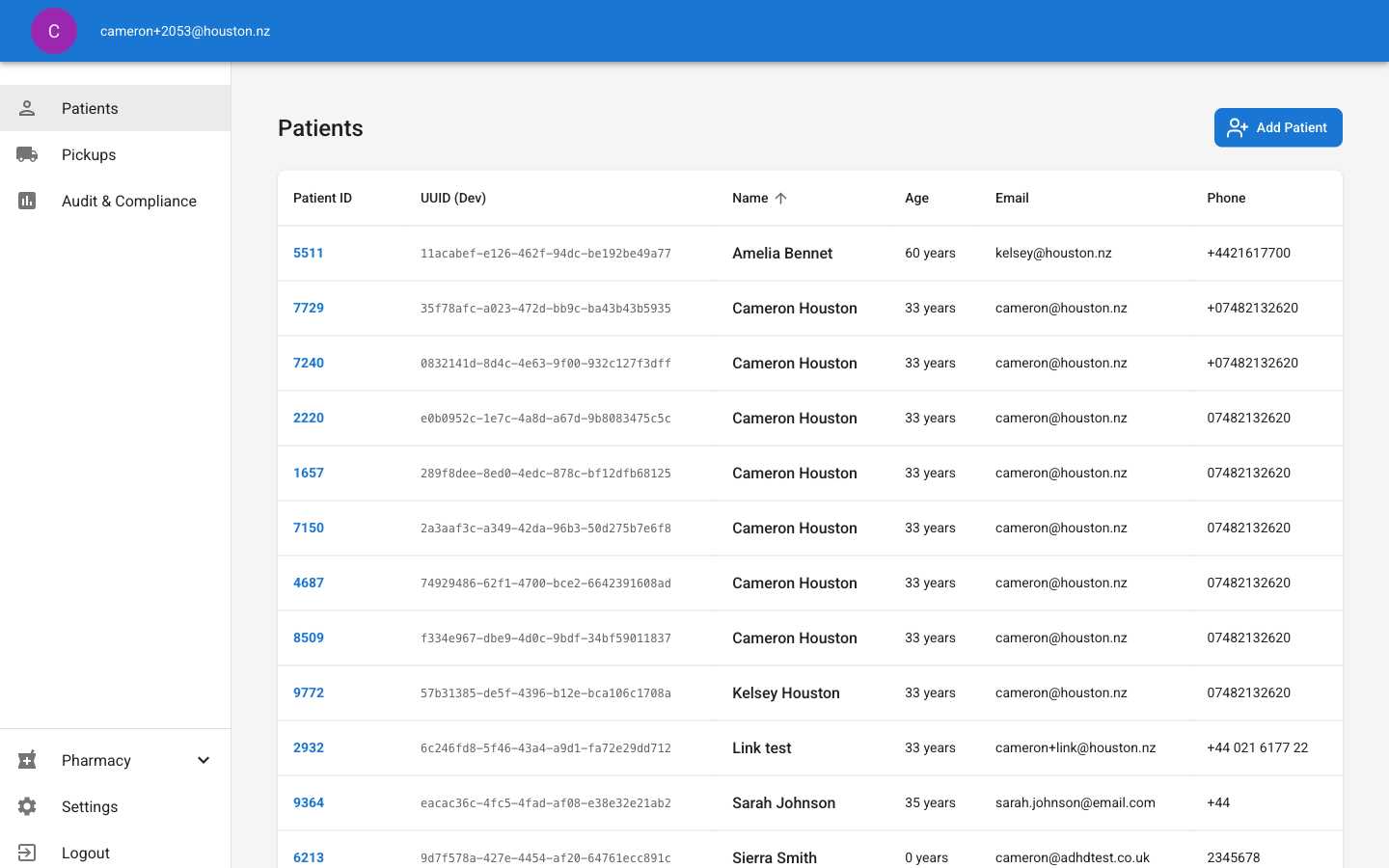 Patient list page showing table with patient records and column headers