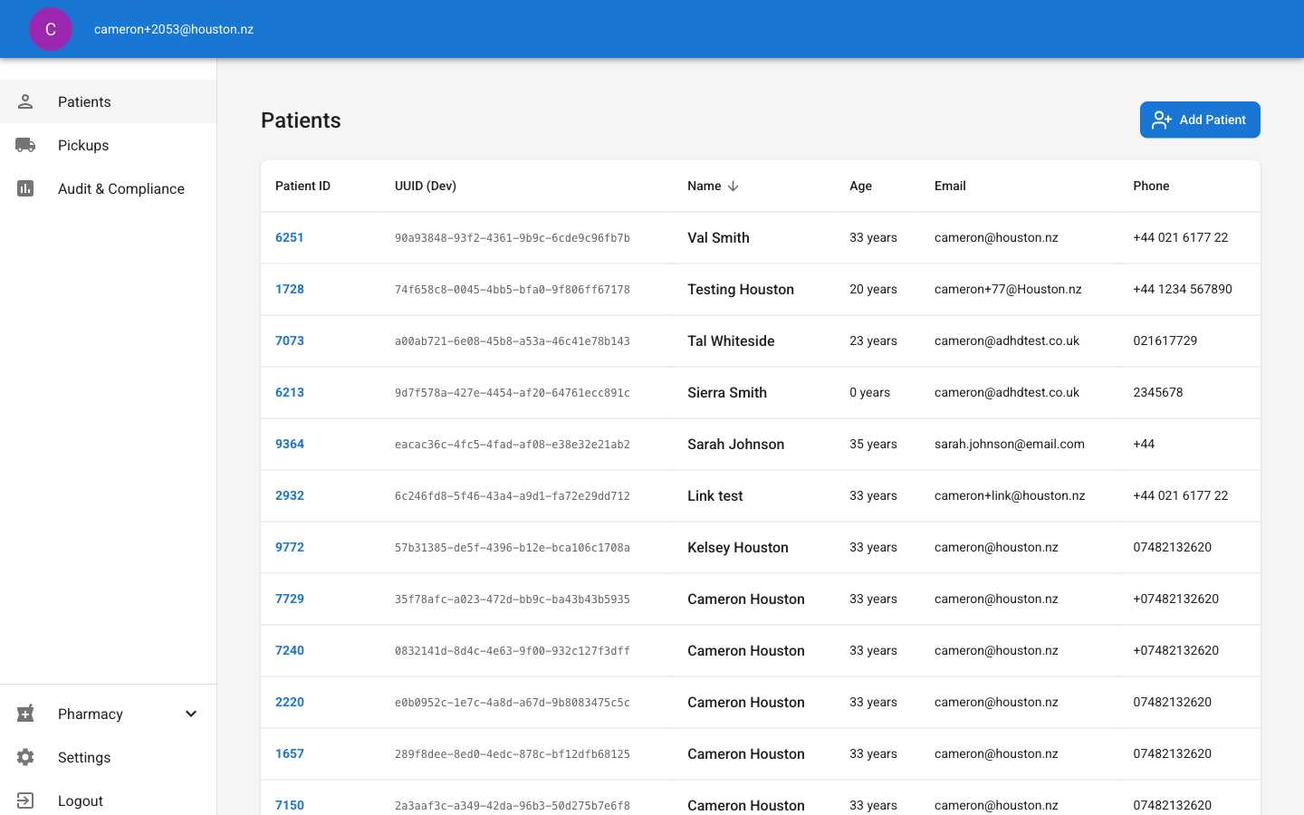 Patient list sorted alphabetically by name showing sorting functionality