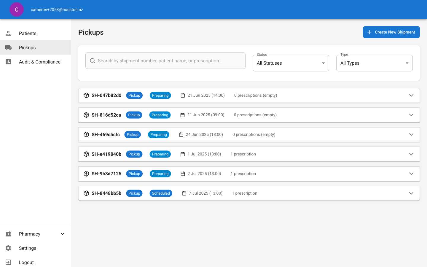 Pickups page showing scheduled medication pickup appointments