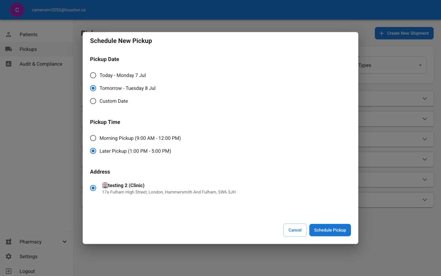 Schedule New Pickup dialog with date, time, and address options