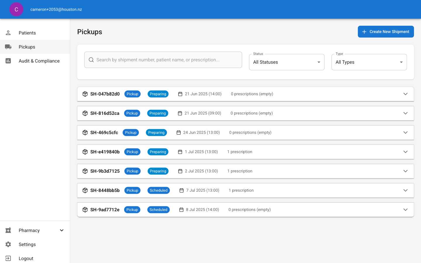 Pickups page showing newly created scheduled appointment