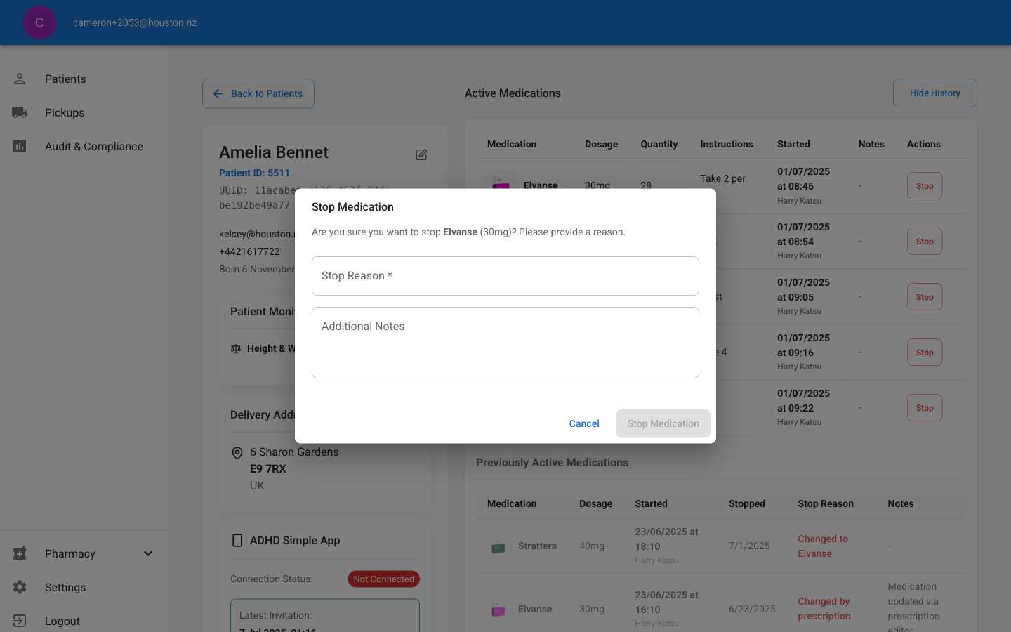 Stop medication confirmation dialog with reason field