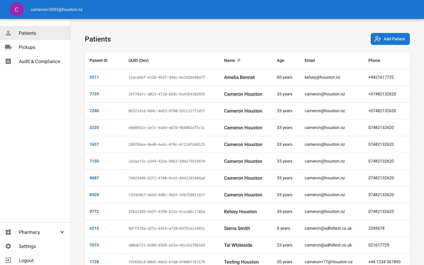Patients page showing the main table with existing patients and Add Patient button
