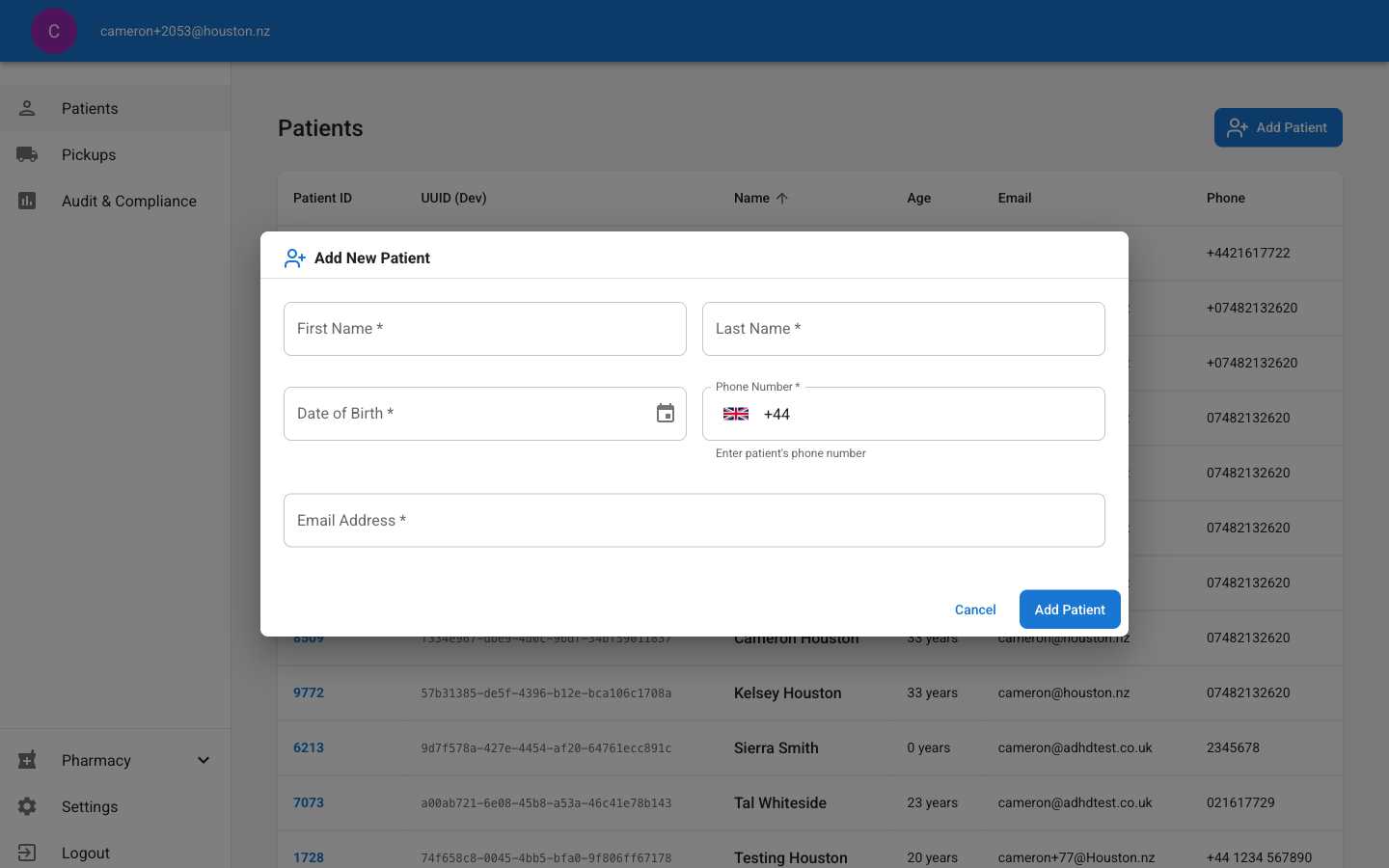 Add Patient dialog box with empty form fields for patient information