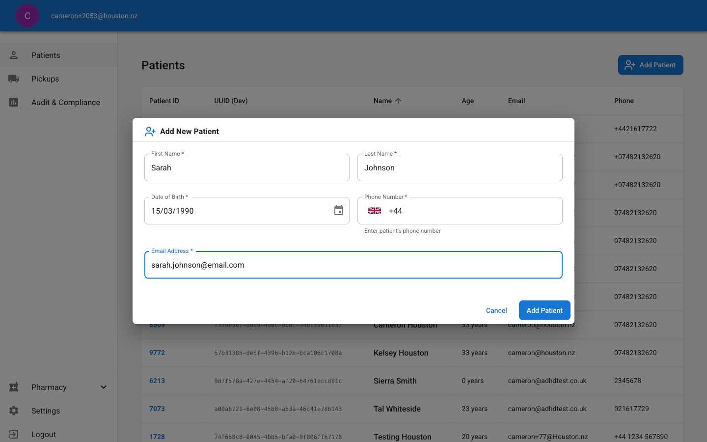 Completed patient form with sample data filled in all fields
