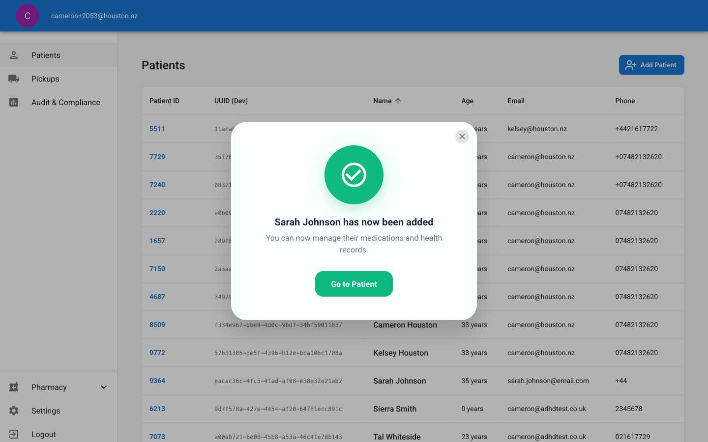 Success notification showing patient has been added with option to go to patient profile