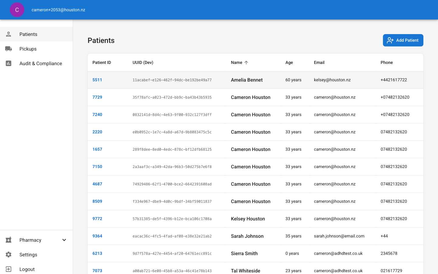 Updated patients page showing the newly added patient in the table