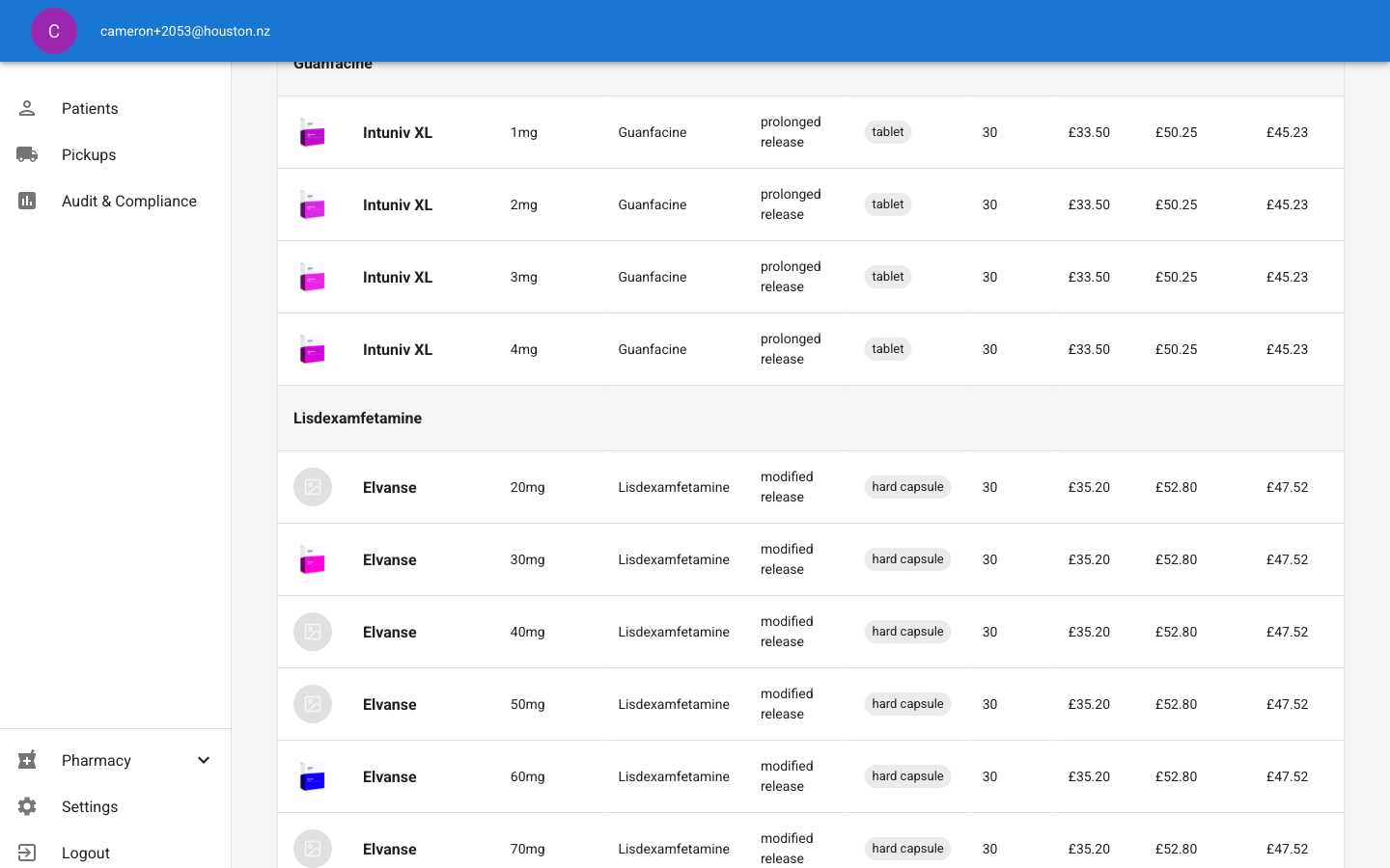 Medication Library overview page showing medications with current pricing