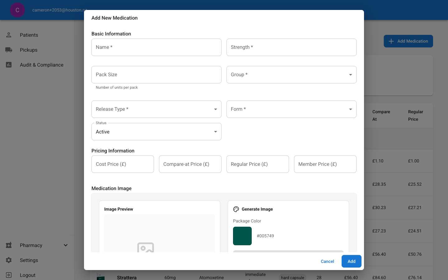 Add Medication dialog showing empty form with all required fields