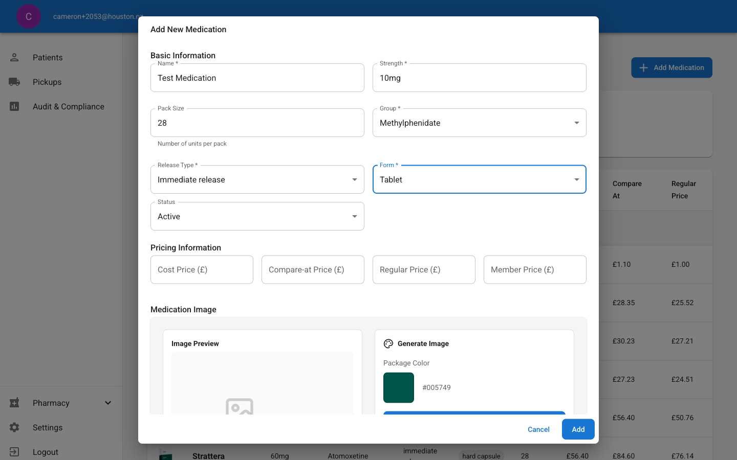 Add Medication dialog with all fields completed showing example medication details