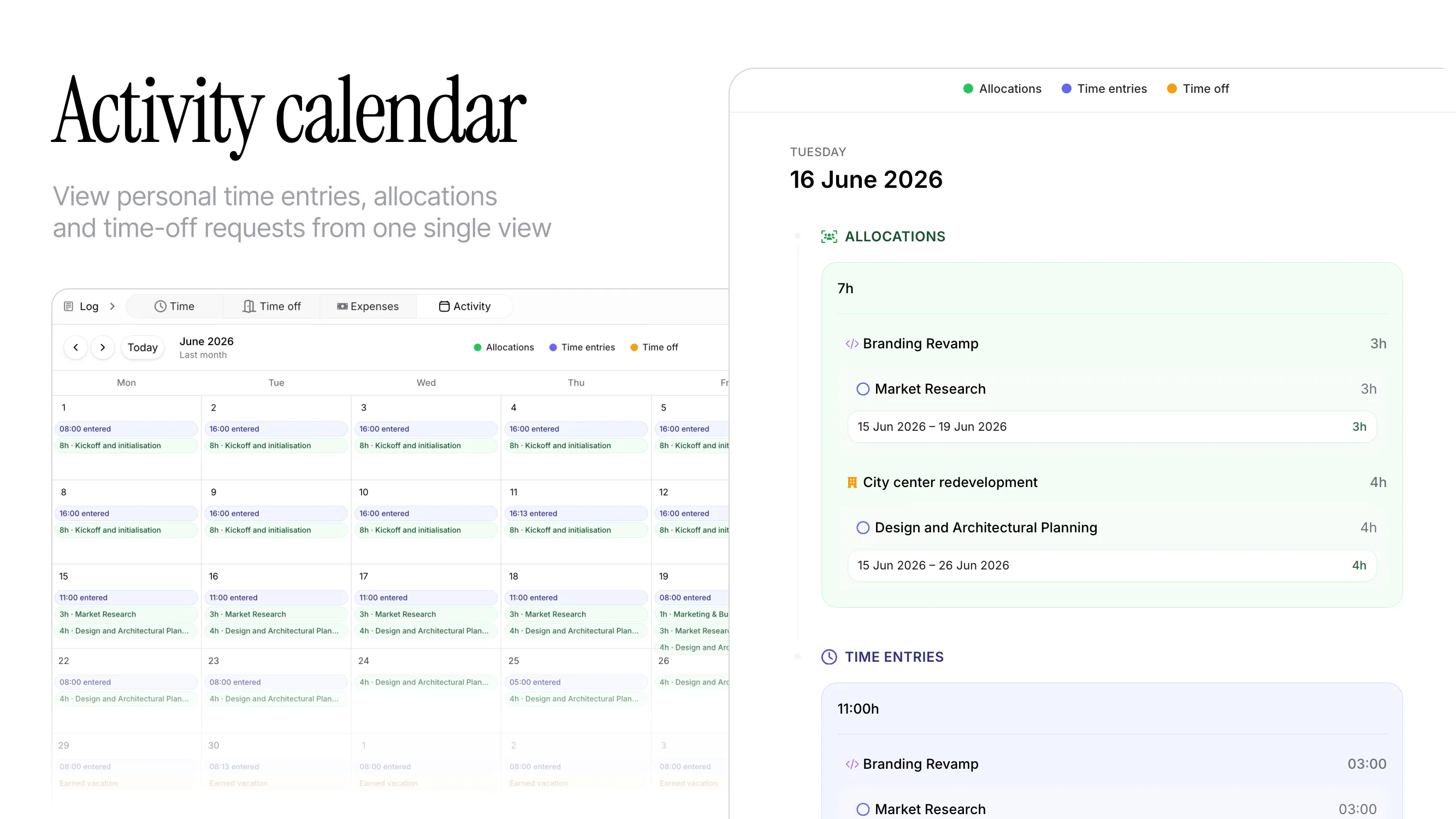 Personal activity calendar with day ledger and event type legend