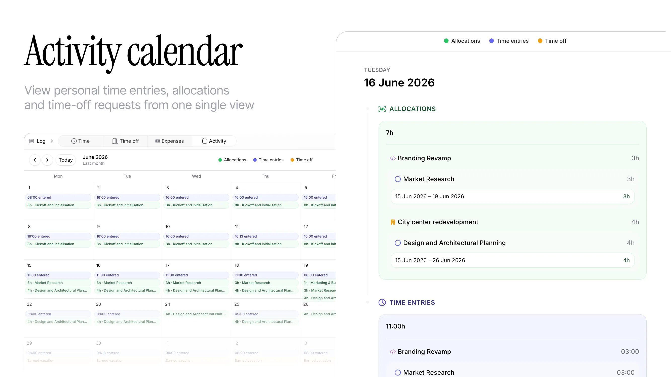 Personal activity calendar with day ledger and event type legend
